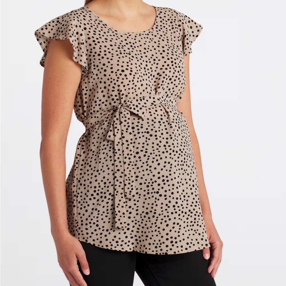 Beige Polka Dot Maternity Mini Dress with Tie Waist